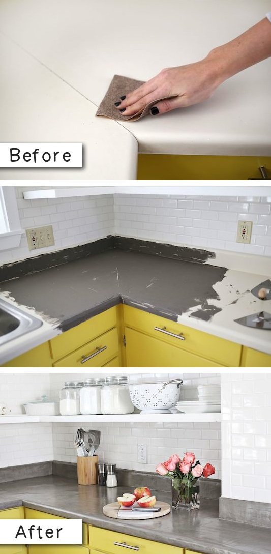15.-Update-laminate-countertops-with-a-concrete-finish.-14.-Use-Rust-Oleum-to-paint-outdated-brass-faucets-and-fixtures-27-Easy-Remodeling-Projects-That-Will-Completely-Transform-Your-Home-