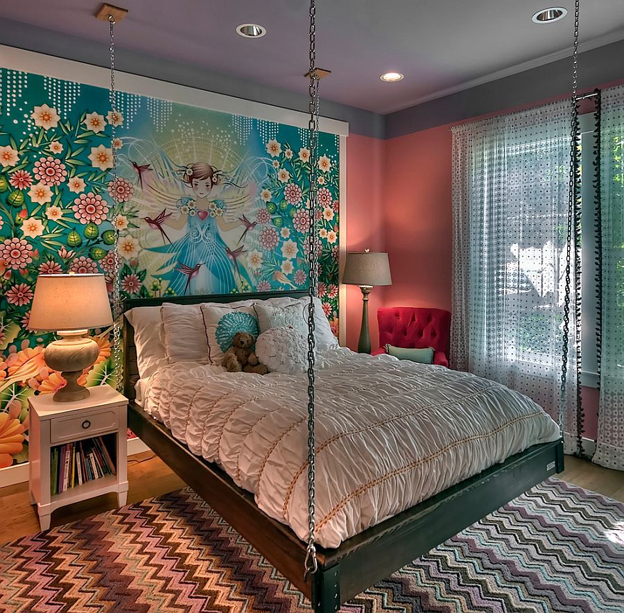 Custom Wall Mural And Hanging Bed Create An Ingenious Girls