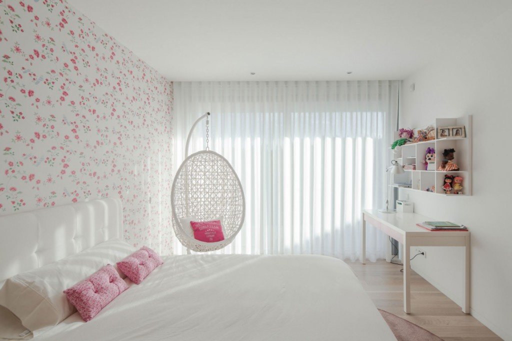 Cool White Teenage Girl Bedroom With Modern Floral Wallpaper And