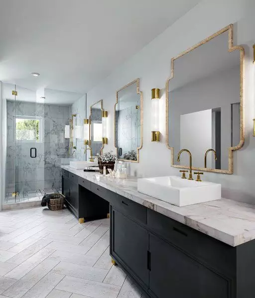 Black Vanity Cabinets With Gold Mirrors Master Bathroom