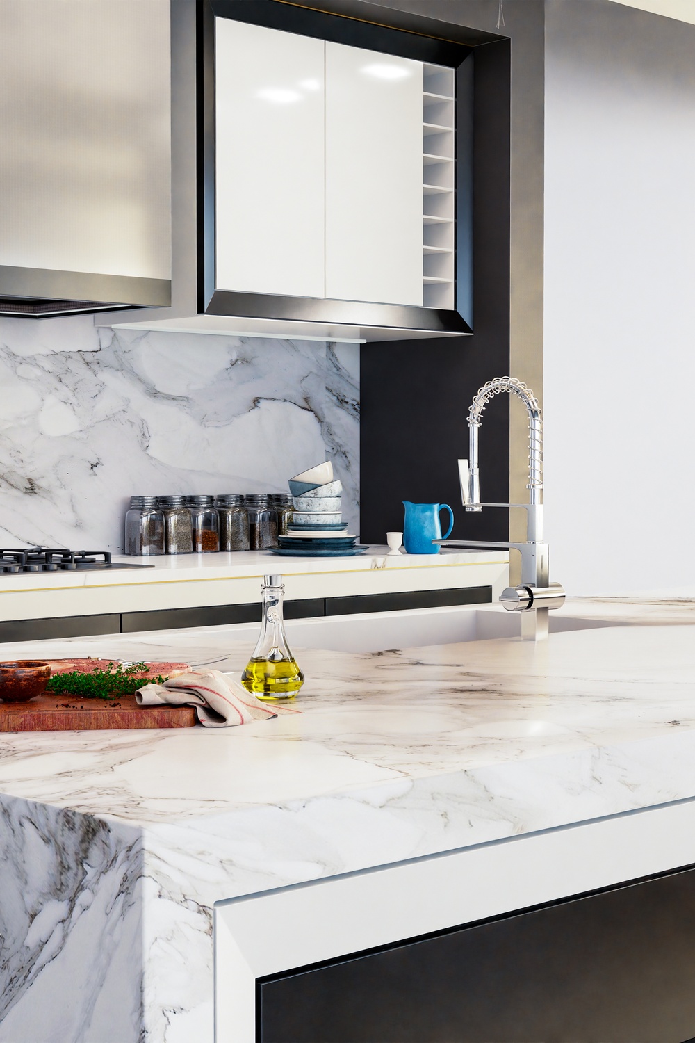 A white quartz stone countertop in a large kitchen with an island and backsplash in the same matching granite.