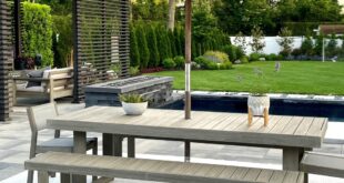A large backyard with a pergola, table and chairs with an umbrella, a rectangular pool, and a concrete patio.
