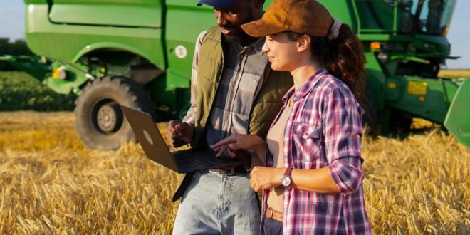 Two people standing in a wheat field and looking at a laptop, with a green combine harvester behind them.